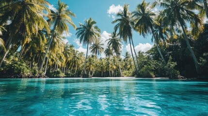 A lagoon with brilliant blue waters and tall palm trees swaying in the breeze.