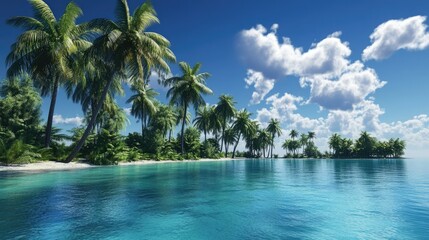 Fototapeta premium A lagoon with brilliant blue waters and tall palm trees swaying in the breeze.