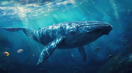 Fototapeta premium A large blue whale swimming slowly through deep waters, surrounded by smaller fish.
