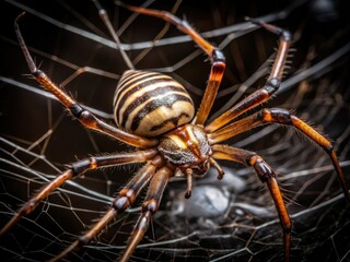 A venomous western brown widow spider, distinctive black and brown stripes, waits in its messy web, poised to strike, surrounded by eerie shadows and darkness.