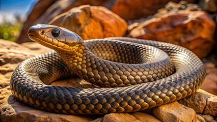 Fototapeta premium A venomous western inland taipan snake, also known as fierce snake, coiled on a rocky outback terrain, showcasing its dark brown scales and ominous stare.