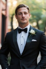 A handsome groom in a black tuxedo with a white rose boutonniere stands outside in an urban setting.