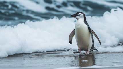 Fototapeta premium A lone penguin waddling across an icy shore, making its way toward the ocean.