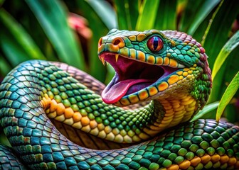 Fototapeta premium A vibrant, coiled serpent with scaly skin and piercing eyes slithers through a dense jungle undergrowth, its forked tongue darting in and out.