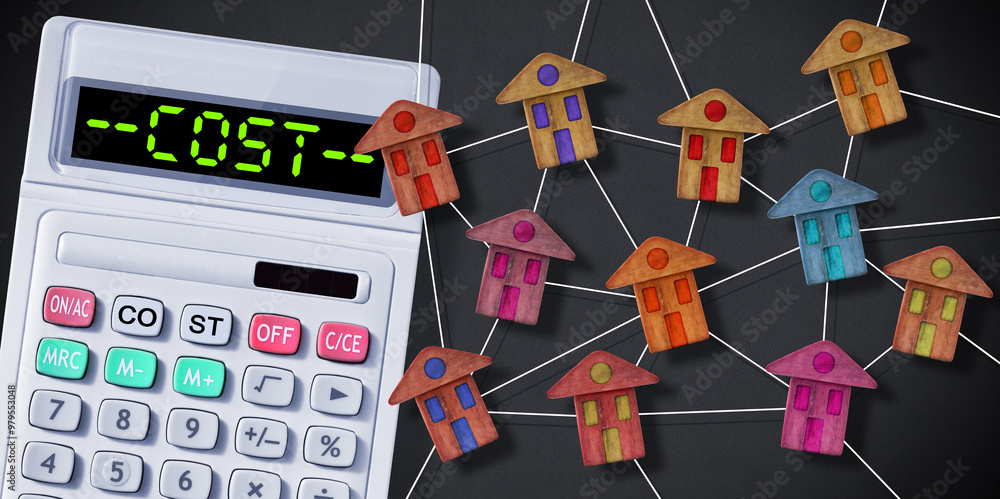 Poster calculating the value of a residential property - concept with house model and calculator