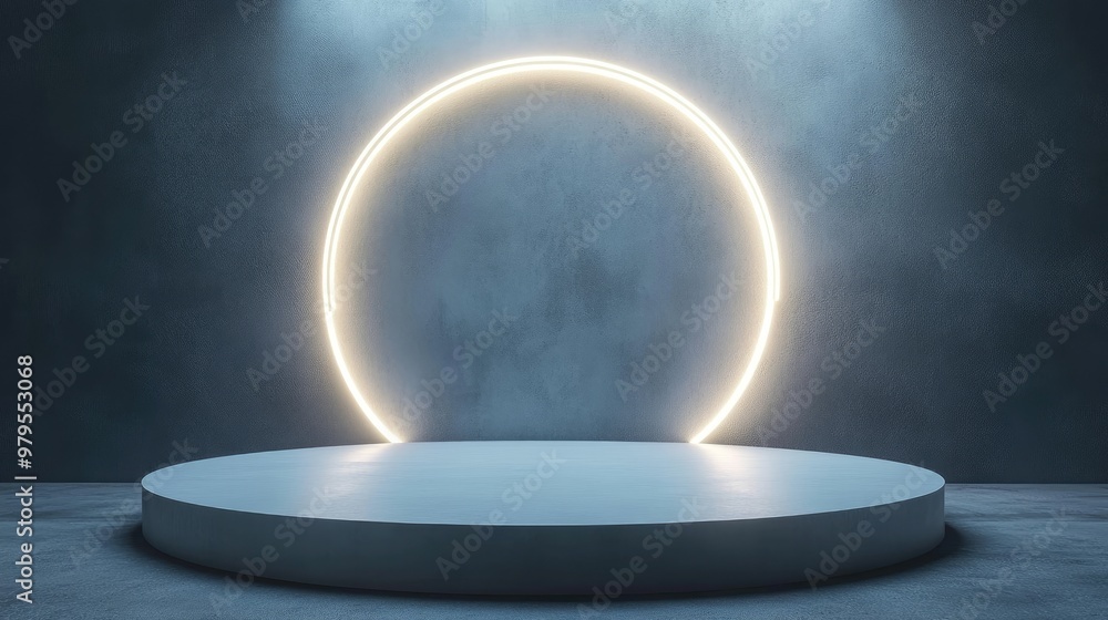 Poster minimalist circular podium illuminated by soft neon light, surrounded by subtle, modern design eleme