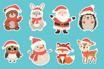 Christmas winter stickers set with cute baby forest animals with Santa Clause and snowman. Vector  flat illustration.