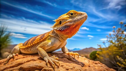 Fototapeta premium A vibrant, spiky-scaled western bearded dragon perches on a rocky outcropping, its bright orange and tan coloration glistening in the warm, sun-drenched desert landscape.