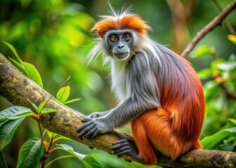 Fototapeta premium A vibrant Western red colobus monkey with a fluffy rust-red coat and long tail perches on a thick branch in a lush African rainforest canopy.