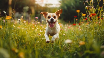 Joyful dog sprinting across a vibrant grassy field adorned with colorful wildflowers, capturing the essence of playful freedom and the beauty of nature in spring.