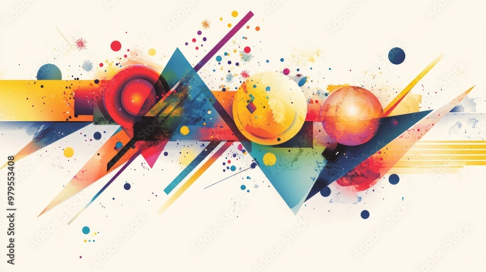 Poster a stunning display of colorful geometric shapes, including triangles and circles, arranged in a dyna