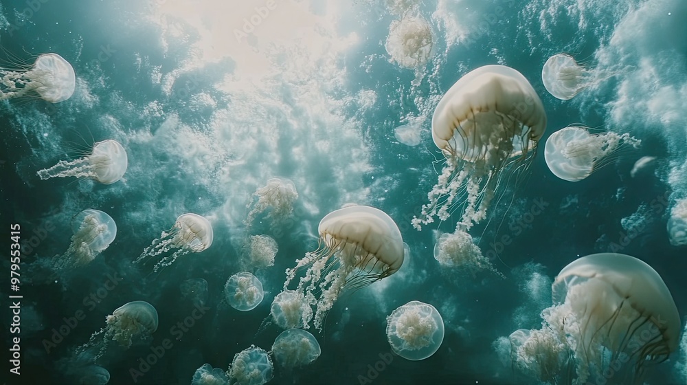 Poster a mesmerizing underwater shot of a school of jellyfish pulsating and drifting through the ocean, cre