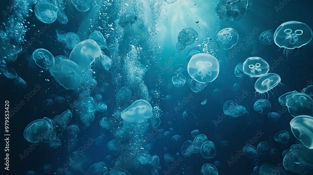 Poster a mesmerizing underwater shot of a school of jellyfish pulsating and drifting through the ocean, cre