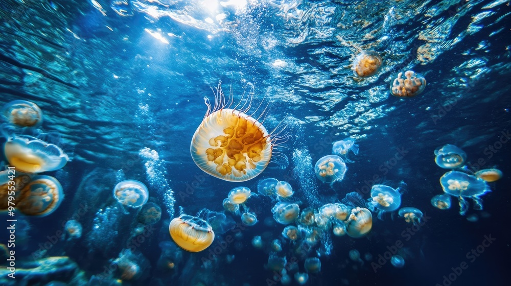 Poster a mesmerizing underwater shot of a school of jellyfish pulsating and drifting through the ocean, cre