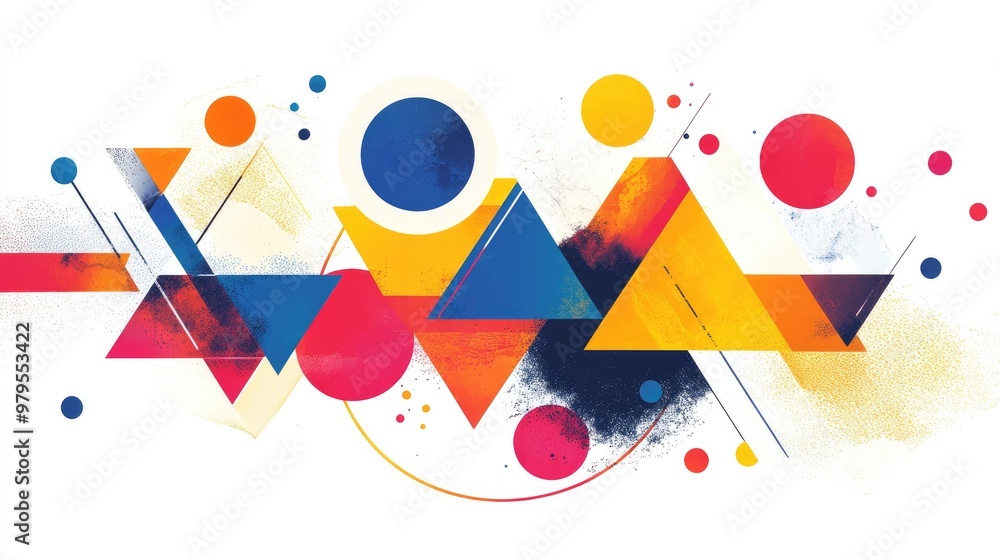 Poster a stunning display of colorful geometric shapes, including triangles and circles, arranged in a dyna