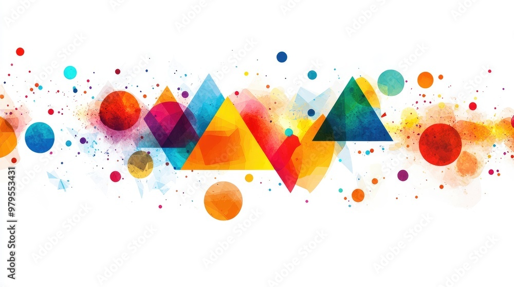 Poster a stunning display of colorful geometric shapes, including triangles and circles, arranged in a dyna