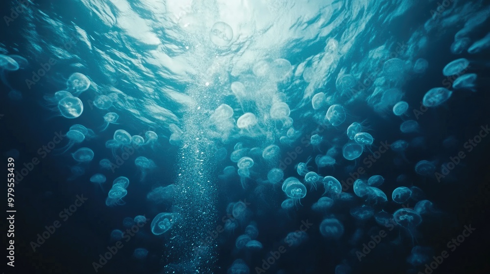 Poster a mesmerizing underwater shot of a school of jellyfish pulsating and drifting through the ocean, cre