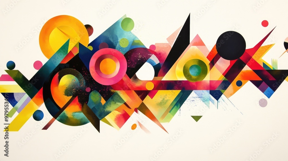 Poster a stunning display of colorful geometric shapes, including triangles and circles, arranged in a dyna