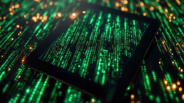 Digital currency on a tablet surrounded by green binary code