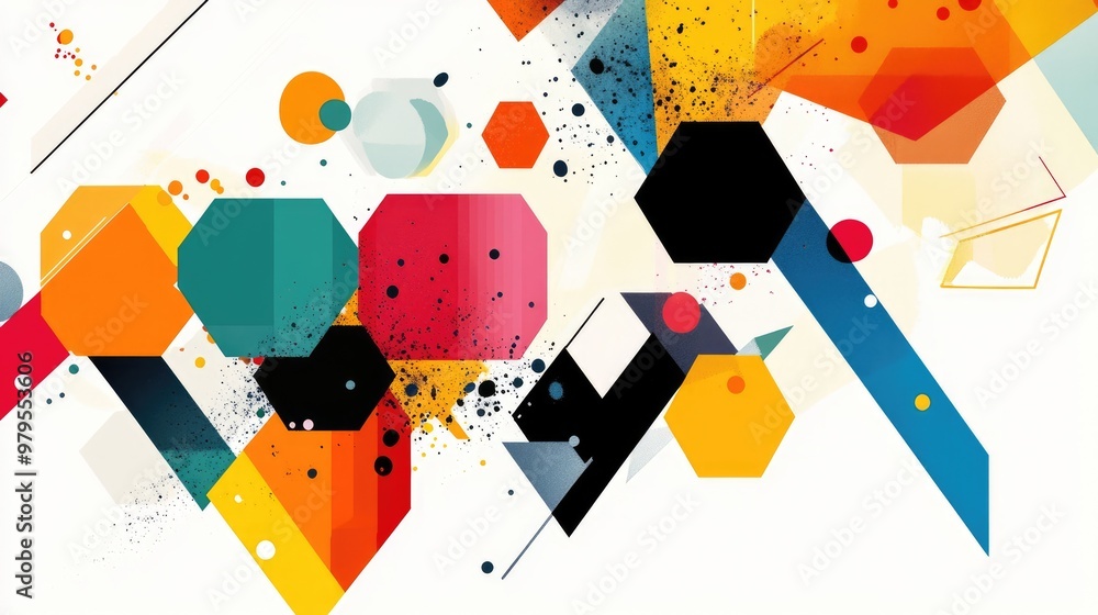 Poster bold geometric abstract featuring colorful shapes, including hexagons and triangles, dynamically arr