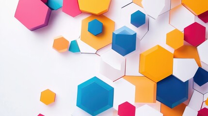 Bold geometric abstract featuring colorful shapes, including hexagons and triangles, dynamically arranged on a clean white background