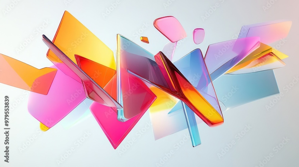 Poster vibrant geometric abstract with colorful shapes in motion, creating a dynamic and modern composition