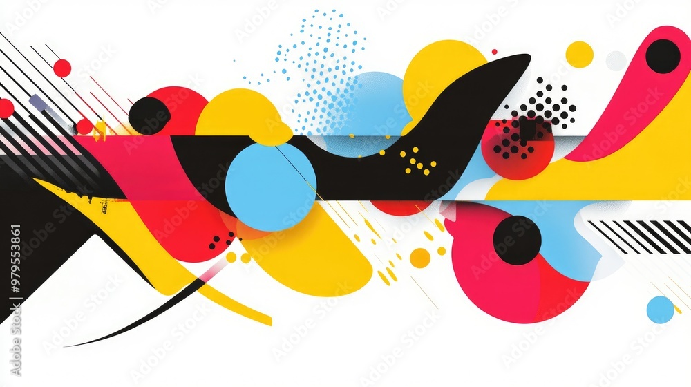 Poster vibrant geometric abstract with colorful shapes in motion, creating a dynamic and modern composition