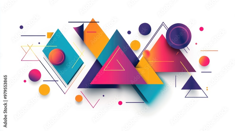 Poster a dynamic colorful geometric abstract design with vibrant triangles, circles, and squares arranged o
