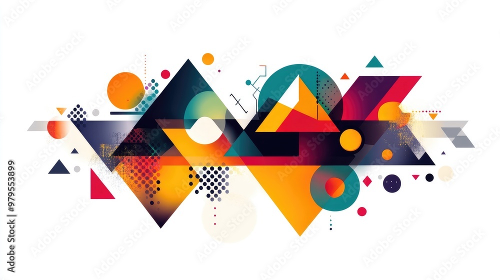 Poster a dynamic colorful geometric abstract design with vibrant triangles, circles, and squares arranged o
