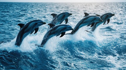Obraz premium A playful group of dolphins leaping out of the water, their sleek bodies and joyful behavior captured against a backdrop of the open sea.