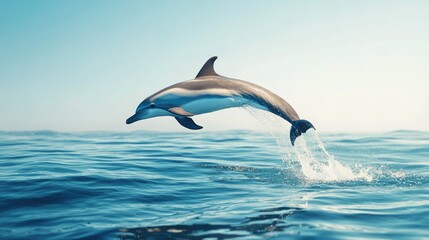 A playful dolphin leaping out of the water against a backdrop of a clear blue sky, capturing its joyful nature.