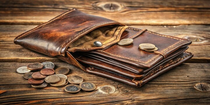 A worn, brown leather wallet lies open on a wooden table, its empty interior starkly contrasting with a few scattered coins and crumpled receipts.