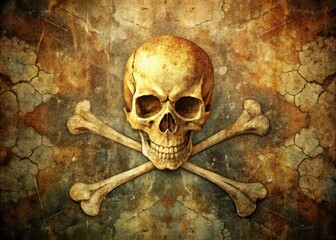 A worn, vintage-style illustration of a skull and crossbones symbol, set against a distressed background with subtle cracks and faded edges, evoking a sense of mystery and danger.