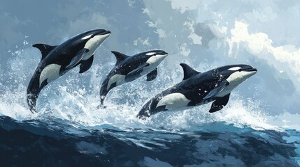 Fototapeta premium A pod of orcas breaching the surface of the ocean in perfect harmony.