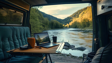 Fototapeta premium Remote worker in a camper van, laptop on a fold-out table, parked by a scenic riverside