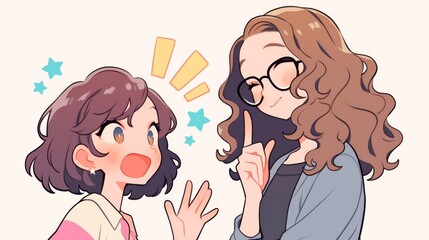 Fototapeta premium Cute Japanese Cartoon Illustration of Two Professional Women Discussing Ideas with Hand Gestures in an Office Setting, Featuring Star Decorations