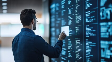 A professional man interacting with a digital display, analyzing data or information on a futuristic screen in an office setting.