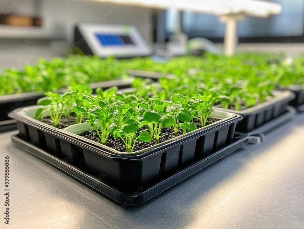 Poster Green Seedlings Growing in a Tray.