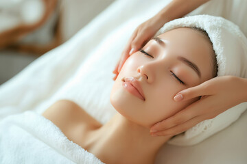 フェイシャルエステのスキンケア・施術で美肌美白の日本人女性の美容・ビューティーポートレート(美人モデル)