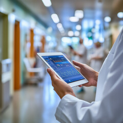Medical staff using a tablet with an EHR interface