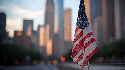 American flag in foreground against cityscape background