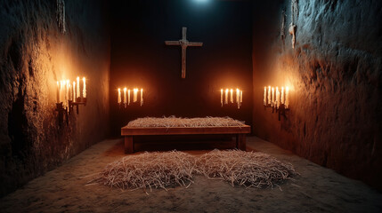 Naklejka premium Dimly lit room with a wooden cross on the wall, candles in candelabras, and a wooden platform covered in straw in the center, creating a rustic, monastic atmosphere.