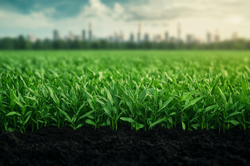 Obraz premium Vibrant green crops grow in rich soil with a city skyline in the background, showcasing the harmony between nature and urban life.
