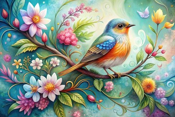 Obraz premium Colorful illustration of a whimsical bird perched on a delicate branch, adorned with flowers and leaves, surrounded by soft, feathery textures and gentle, swirling patterns.