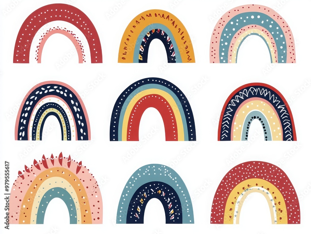Poster a colorful collection of artistic rainbows featuring various patterns, perfect for vibrant design pr