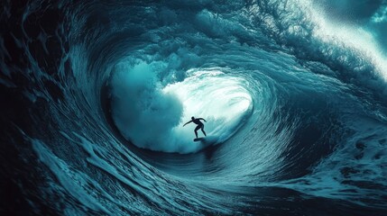 A surfer riding a large ocean wave, with the water forming a tunnel around them.