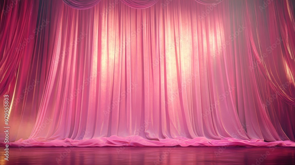 Poster pink curtains cascade across a backdrop, framing the stage in a warm and inviting atmosphere of soft