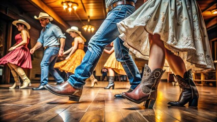 Cowboy boots tap out a lively rhythm on worn wooden floors as whirlin' skirts and rugged denim swirl together in a lively country dance hall scene.