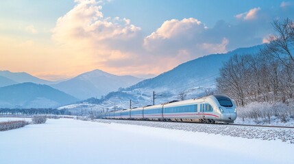 High-Speed Train in Snowy Countryside, a sleek train glides through a winter landscape, surrounded by snow-covered fields and majestic mountains under a clear blue sky