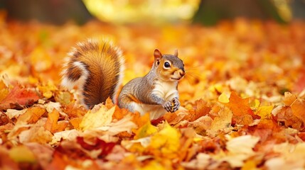 Obraz premium Squirrel Among Autumn Foliage – Captivating Wildlife Scene Featuring a Cute Squirrel in Vibrant Orange Leaves and Fall Colors, Highlighting the Beauty of the Fall Season in a Woodland Setting